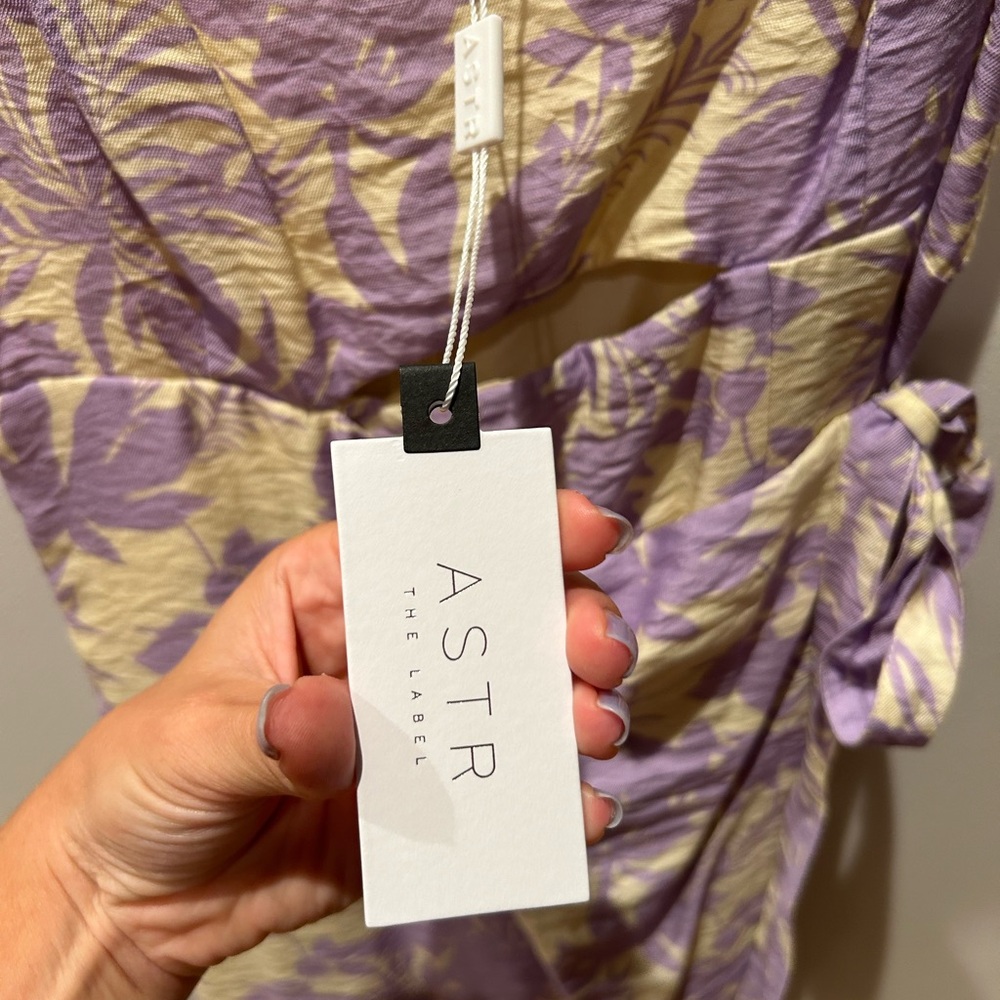 ASTR wrap dress, purple and white floral print